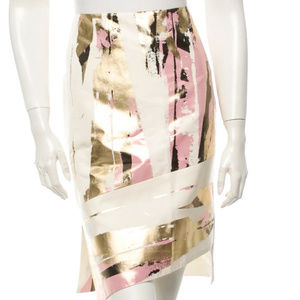 Reed Krakoff 100% Silk Asymmetrical Midi Skirt 12 Metallic Pink Creme Luxury Art